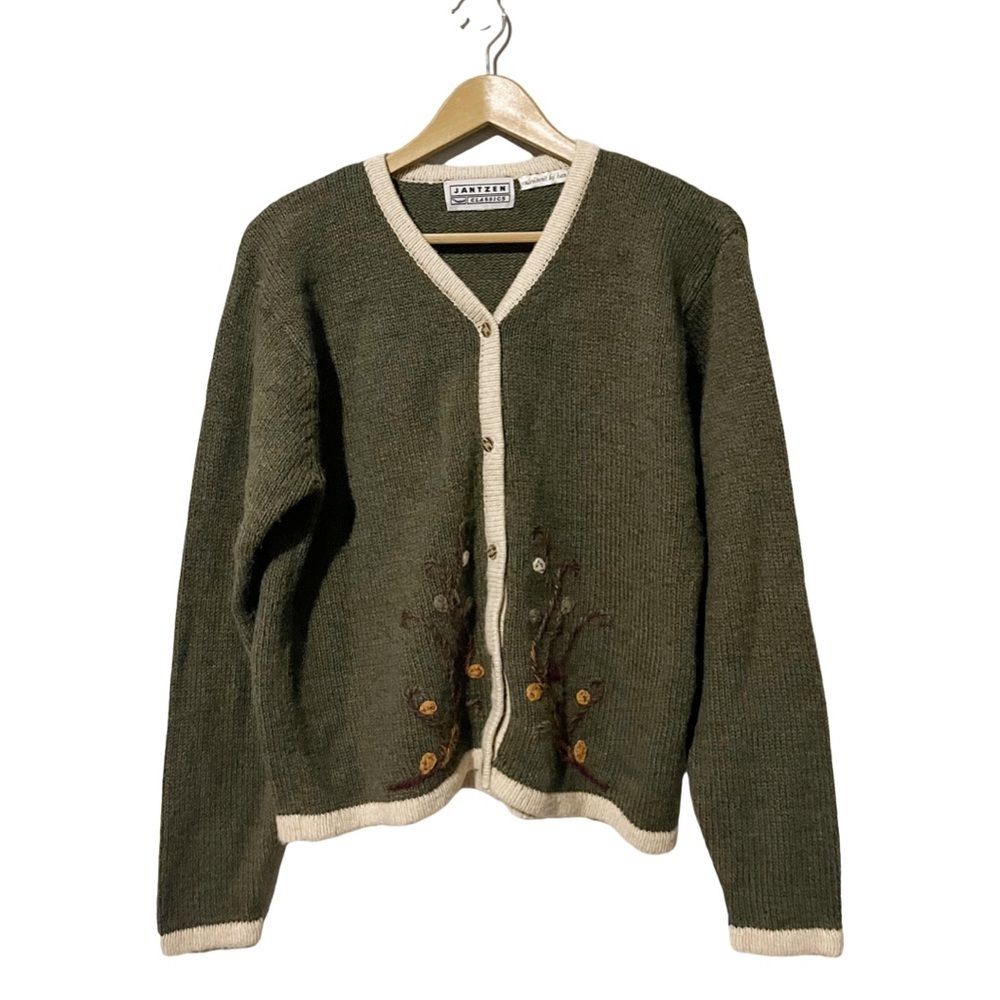 Janzten Classics Embroidered By Hand Grandmacore Green Floral Cardigan